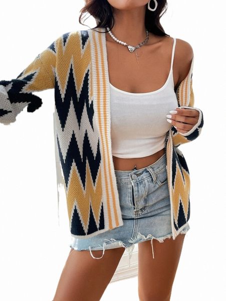 chevron pattern striped trim drop shoulder cardigan w62h#, White;black 
chevron pattern striped trim drop shoulder cardigan w62h#, White;black