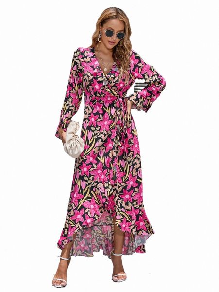 allover floral print high low ruffle hem belted dress n774#, Black;gray
allover floral print high low ruffle hem belted dress n774#, Black;gray