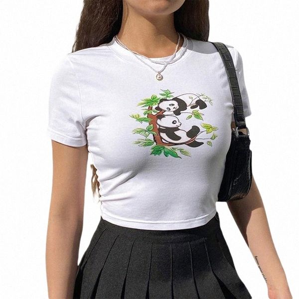 women printed panda t-shirt round neck short sleeves crop for summer spring clothes women's n5md#, White
women printed panda t-shirt round neck short sleeves crop for summer spring clothes women's n5md#, White