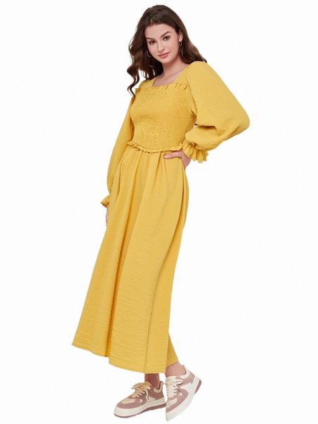 solid flounce sleeve shirred dress a1ji#, Black;gray