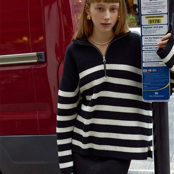 fall winter women zipper turndown collar knitted sweater vintage stripes long sleeve loose contrast color knitwear w220817, White;black
fall winter women zipper turndown collar knitted sweater vintage stripes long sleeve loose contrast color knitwear w220817, White;black