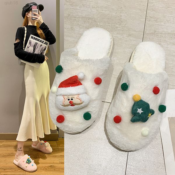 women winter warm furry slippers christmas soft bottom warm home plush flip flop shoes female covered toe flat-heel slippers new y220818, Black