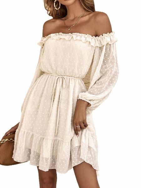 swiss dot off shoulder ruffle trim dress v3lh#, Black;gray