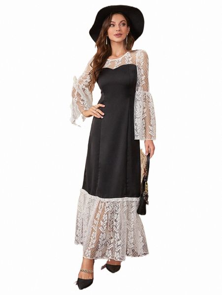 contrast lace flounce sleeve dress 06yk#, Black;gray 
contrast lace flounce sleeve dress 06yk#, Black;gray