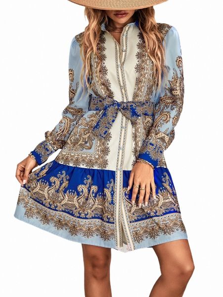 paisley print belted shirt dress x4fr#, Black;gray 
paisley print belted shirt dress x4fr#, Black;gray