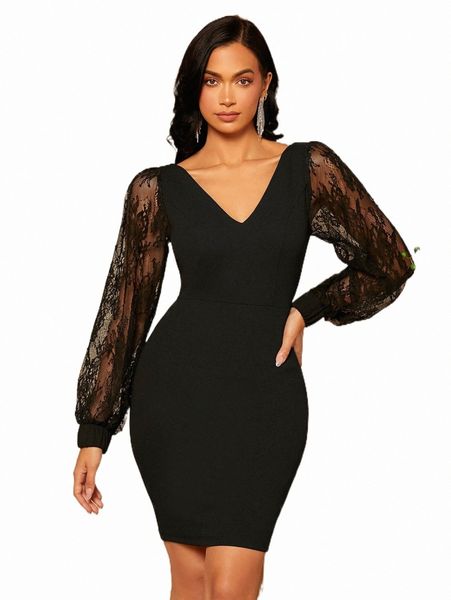 contrast lace lantern sleeve bodycon dress n2lq#, Black;gray
contrast lace lantern sleeve bodycon dress n2lq#, Black;gray