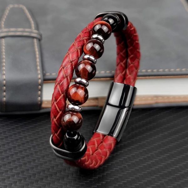red natural round chakra strand bead stone mens bracelet classic genuine leather stainless steel bangles women fashion jewelry, Black
red natural round chakra strand bead stone mens bracelet classic genuine leather stainless steel bangles women fashion jewelry, Black