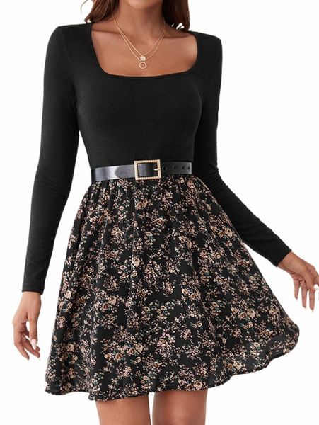 ditsy floral square neck dress without belt b5e8#, Black;gray