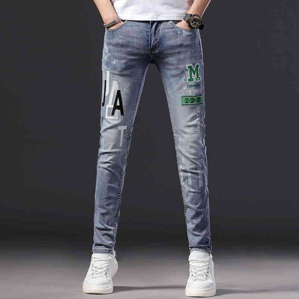 men's jeans european autumn men's jeans youth fashion letter embroidery korean fashion slim fit small feet long pants 96by, Blue
men's jeans european autumn men's jeans youth fashion letter embroidery korean fashion slim fit small feet long pants 96by, Blue