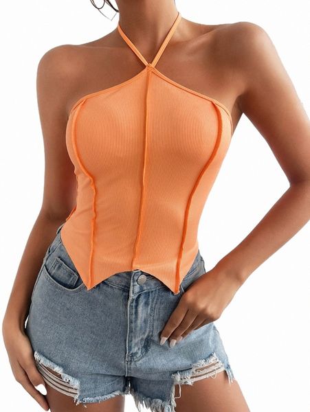 seam detail tie backless hanky hem halter 35mi#, White 
seam detail tie backless hanky hem halter 35mi#, White