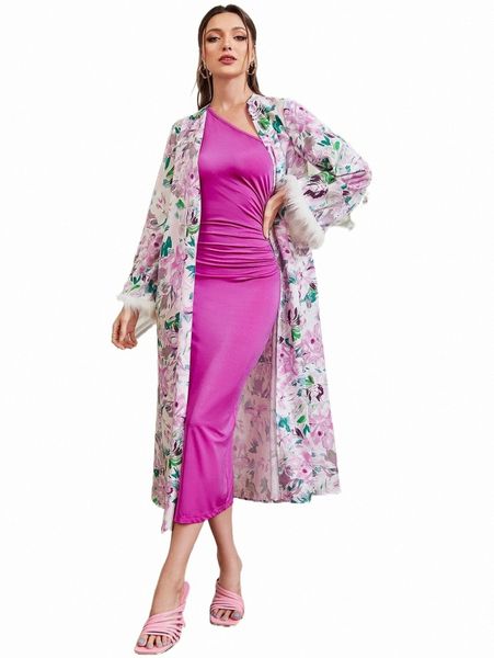 floral print drop shoulder coat & split back dress without belt 27qs#, White
floral print drop shoulder coat & split back dress without belt 27qs#, White