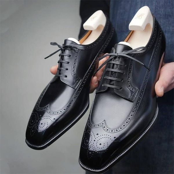 

Men Brock Derby Shoes Solid Color Leather Square Toe Carved Wing Tip Lace Up Fashion Business Casual Wedding Daily Dress Shoes, Clear