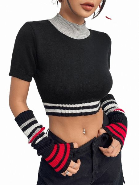striped trim mock neck crop knit with arm sleeves m6gi#, White;black 
striped trim mock neck crop knit with arm sleeves m6gi#, White;black