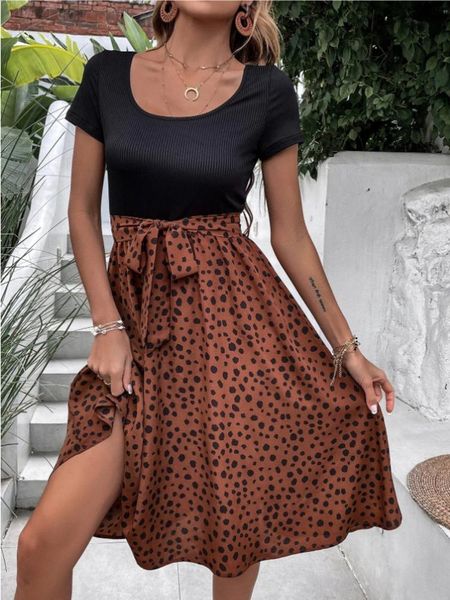 liti swing womens large type skirts stitching round neck pattern polka dot short-sleeved dress mid-skirt summer products, Black
liti swing womens large type skirts stitching round neck pattern polka dot short-sleeved dress mid-skirt summer products, Black