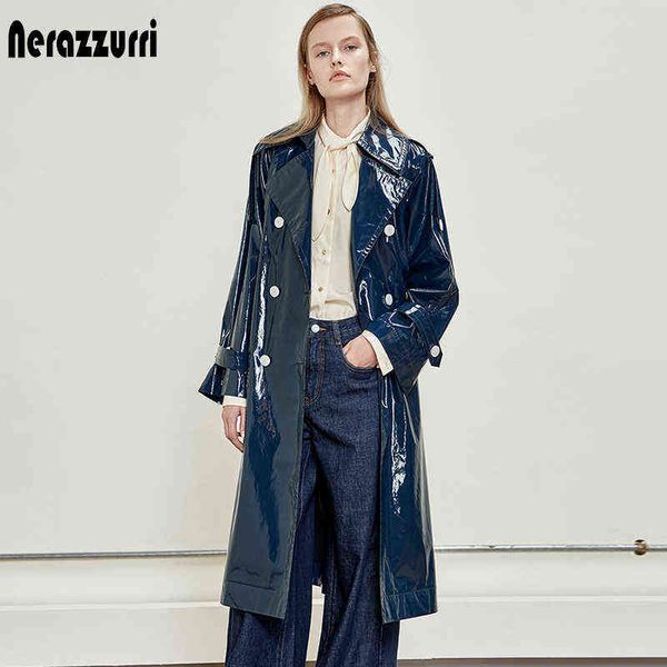 nerazzurri spring long blue reflective patent leather trench coat for women with long raglan sleeve sashes waterproof raincoat t220810, Black
nerazzurri spring long blue reflective patent leather trench coat for women with long raglan sleeve sashes waterproof raincoat t220810, Black