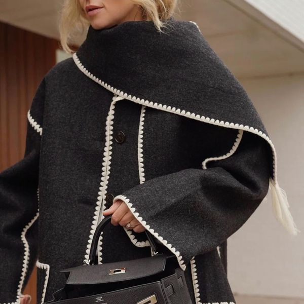 women singlebreasted jacket autumn winter black scarf collar wool embroidery white fringed cardigan female contrast color coat 220819
women singlebreasted jacket autumn winter black scarf collar wool embroidery white fringed cardigan female contrast color coat 220819