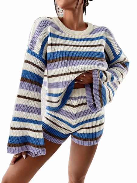 block striped pattern drop shoulder sweater & knit shorts b1nf#, White;black
block striped pattern drop shoulder sweater & knit shorts b1nf#, White;black