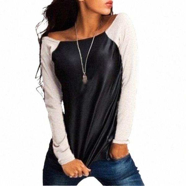 women's t-shirt fashion women autumn color block stitching o neck long sleeve faux leather clothing v8l7#, White
women's t-shirt fashion women autumn color block stitching o neck long sleeve faux leather clothing v8l7#, White