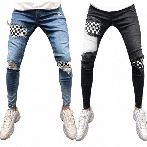 fashion men's jeans spliced ripped denim pants pencil slim patch plaid elastic waistline e9tw#, Blue
fashion men's jeans spliced ripped denim pants pencil slim patch plaid elastic waistline e9tw#, Blue