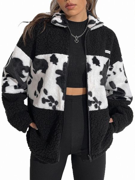 women's fur cow print drop shoulder fuzzy coat outerwear h3fn#, Black
