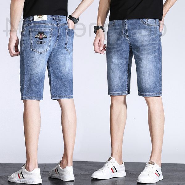 men's jeans designer brand denim midpants men's summer thin 5-point shorts elastic straight tube little bee breeches fashion brand, Blue
men's jeans designer brand denim midpants men's summer thin 5-point shorts elastic straight tube little bee breeches fashion brand, Blue