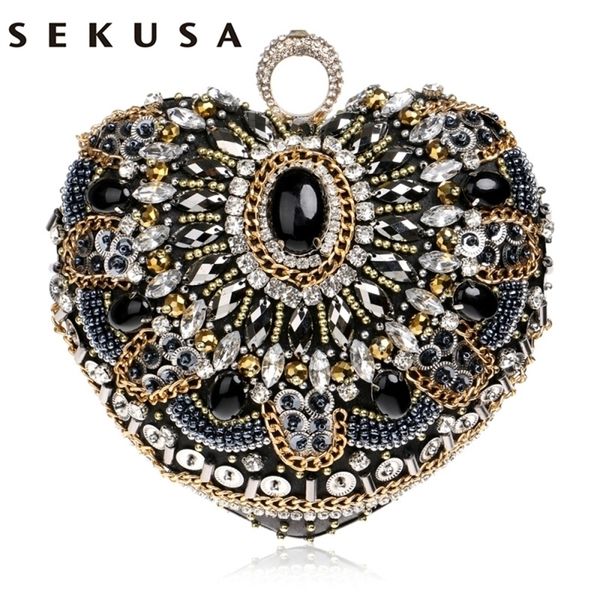sekusa heart women bag finger ring diamonds purse clutch chain shoulder emroidery messenger beaded rhinestones weeding 220818
