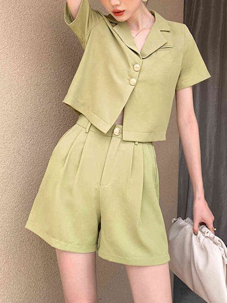 women summer fashion casual blazer shorts suit short sleeve jacket high waist shorts 2piece set female elegant outfit j220813, White;black
women summer fashion casual blazer shorts suit short sleeve jacket high waist shorts 2piece set female elegant outfit j220813, White;black