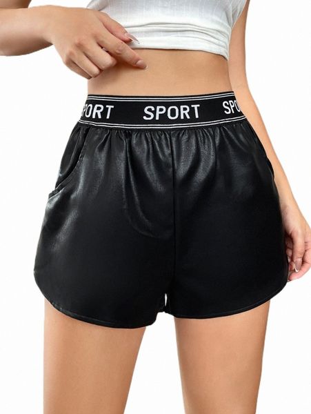 letter tape pu leather shorts t8mr#, White;black