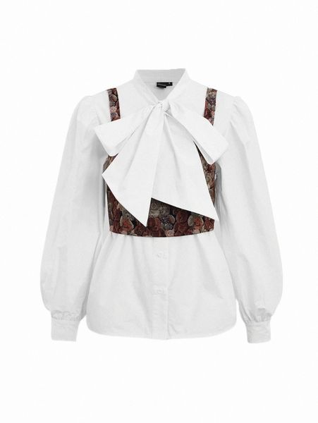 mod tie neck puff sleeve blouse with jacquard camisole 83qv#, White