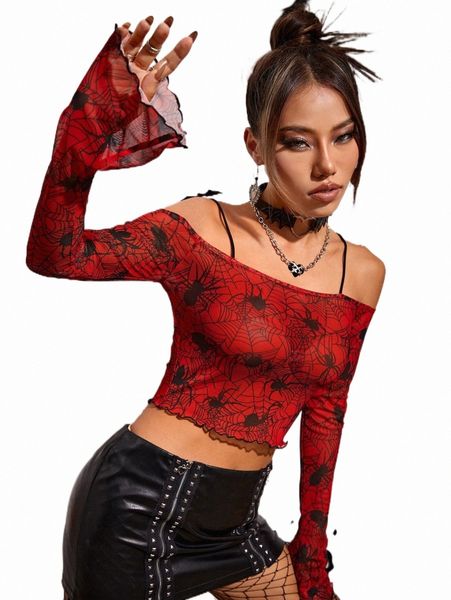 spider web print cold shoulder flounce sleeve mesh without bra w6hz#, White