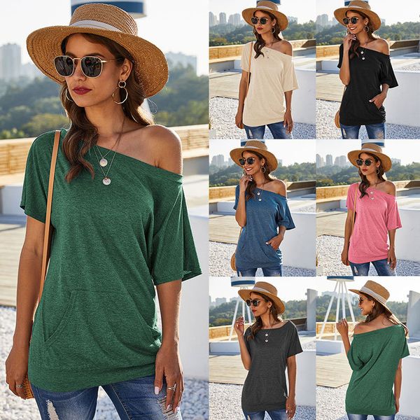women's t-shirt spring and summer new off-shoulder pocket solid color slip pocket slanted shoulder t-shirts round neck slim fit cotton, White
women's t-shirt spring and summer new off-shoulder pocket solid color slip pocket slanted shoulder t-shirts round neck slim fit cotton, White