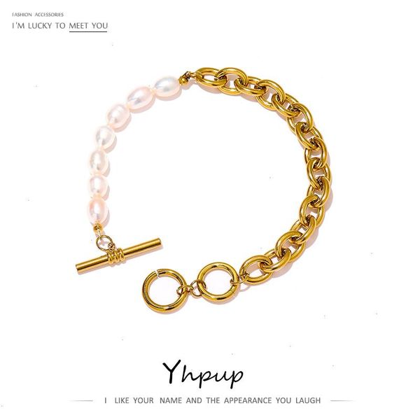 elegant natural pearl toggle-clasps chain strands bracelet stainless steel 18 k metal, Black
elegant natural pearl toggle-clasps chain strands bracelet stainless steel 18 k metal, Black