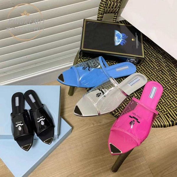 designer slippers transparent pvc sandals women printed plexiglass heels luxury summer slides leather sole inside enameled metal triangle, Black
designer slippers transparent pvc sandals women printed plexiglass heels luxury summer slides leather sole inside enameled metal triangle, Black