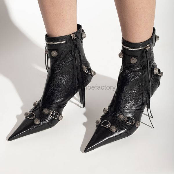 cagole stud buckle embellished lamb leather heeled ankle boots side zip shoes pointed toe stiletto heel booties run way luxury designers, Black
cagole stud buckle embellished lamb leather heeled ankle boots side zip shoes pointed toe stiletto heel booties run way luxury designers, Black