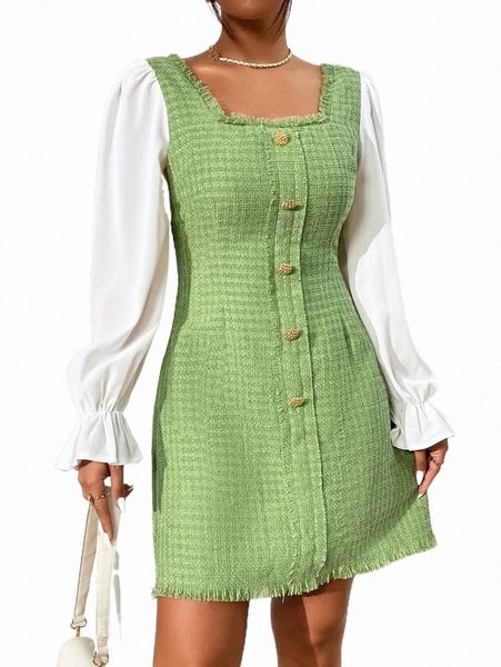 flounce sleeve raw hem tweed dress y3r9#, Black;gray
flounce sleeve raw hem tweed dress y3r9#, Black;gray