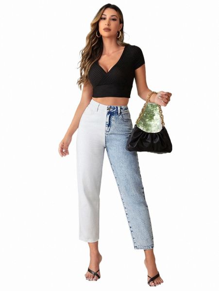 women's jeans high waist two tone mom fit jeans clothing d62e#, Blue 
women's jeans high waist two tone mom fit jeans clothing d62e#, Blue