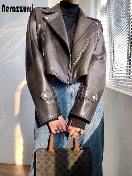nerazzurri spring green brown short oversized faux leather biker jacket women long sleeve zipper light korean style fashion 2022 t220810, Black
nerazzurri spring green brown short oversized faux leather biker jacket women long sleeve zipper light korean style fashion 2022 t220810, Black