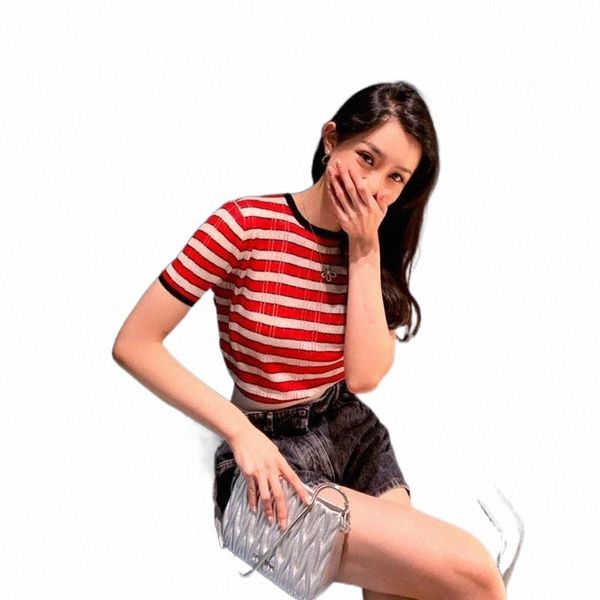 women's t-shirt miu round neck pullover short-sleeved striped short slim 2021 summer clothing w7vt#, White
women's t-shirt miu round neck pullover short-sleeved striped short slim 2021 summer clothing w7vt#, White