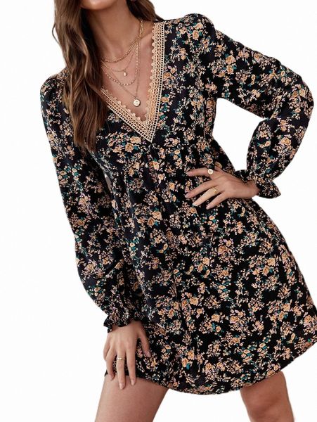 casual dress floral print guipure lace trim flounce sleeve dress l0h2#, Black;gray
casual dress floral print guipure lace trim flounce sleeve dress l0h2#, Black;gray