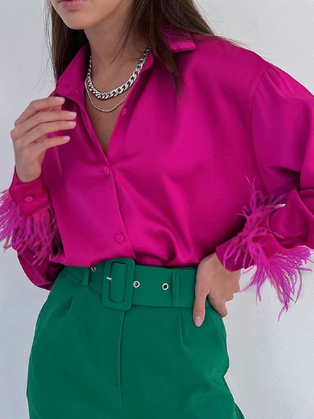 women shirts feather cuffs elegant satin summer fashion button down shirt long sleeves chic loose turn down collar 220819, White
women shirts feather cuffs elegant satin summer fashion button down shirt long sleeves chic loose turn down collar 220819, White