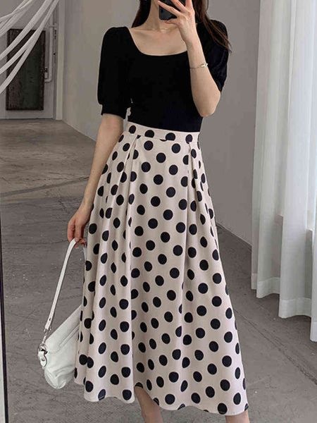 women summer elegant polka dot skirt suit short sleeve high waist skirts two pieces set femme fashion vintage outfits new j220813, White;black
women summer elegant polka dot skirt suit short sleeve high waist skirts two pieces set femme fashion vintage outfits new j220813, White;black