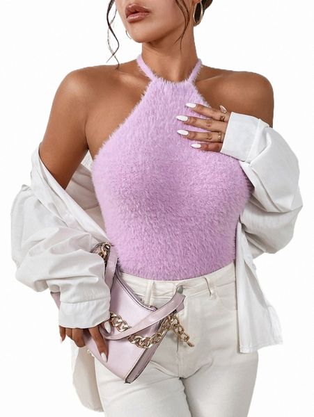 women's sweaters tie backless halter fluffy knit clothing r91r#, White;black
