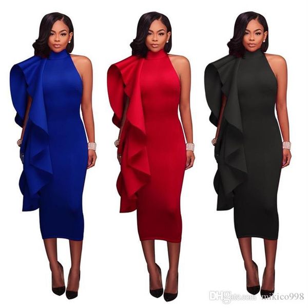 women's dress in solid color lady's lotus leaf edge medium-length high-necked sleeveless tight fashion casual196h, Black
women's dress in solid color lady's lotus leaf edge medium-length high-necked sleeveless tight fashion casual196h, Black