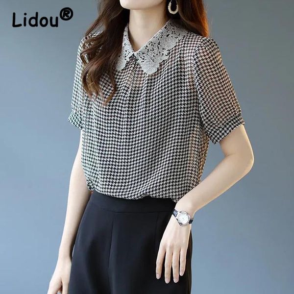 elegant houndstooth printed lace lapel oversized chiffon shirts summer korean casual loose commute female clothing blouses, White
elegant houndstooth printed lace lapel oversized chiffon shirts summer korean casual loose commute female clothing blouses, White
