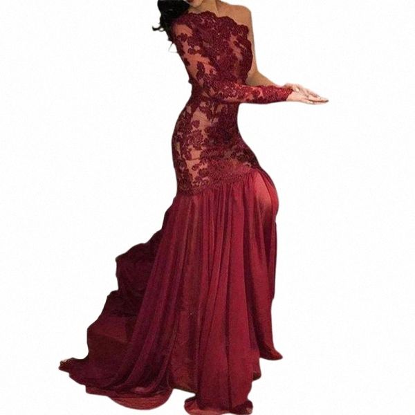 casual dresses crochet lace one shoulder evening maxi dress party stitching hem long sleeve skinny bride wedding t8vn#, Black;gray