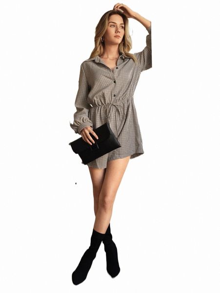 frenchy plaid print knot front romper 17dc#, Black;white
