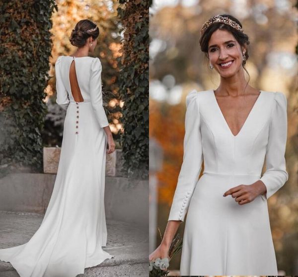 long sleeve crepe wedding dress modern bohemian elegant v neck open back front split beach temple bridal gowns, White
long sleeve crepe wedding dress modern bohemian elegant v neck open back front split beach temple bridal gowns, White
