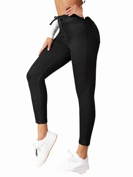 drawstring waist solid skinny jeans c8ls#, Blue