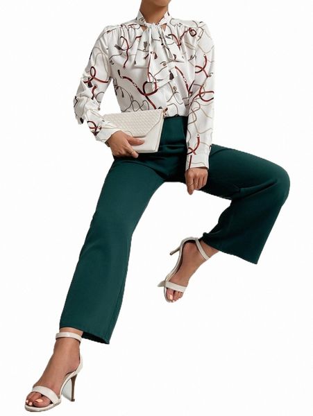 chain print tie neck blouse with pants j0rf#, White
chain print tie neck blouse with pants j0rf#, White