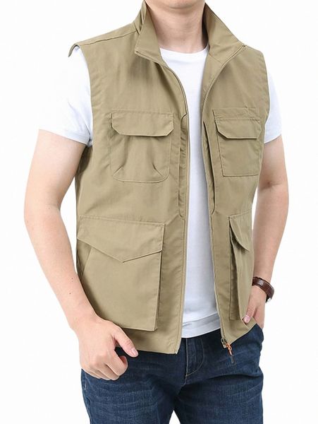 men flap pocket zip up vest coat c9b1#, Black;brown